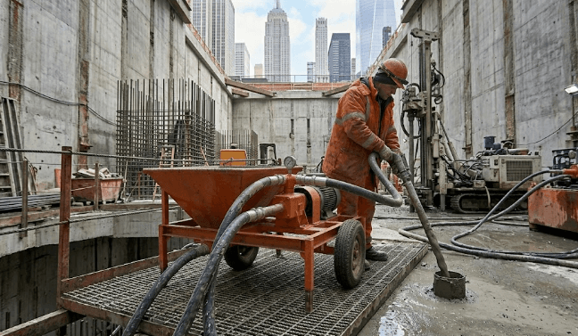 Worker replacing a valve on a Kenrich grout pump during field repair