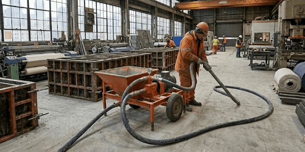 Kenrich grout pump being serviced with replacement components on a jobsite